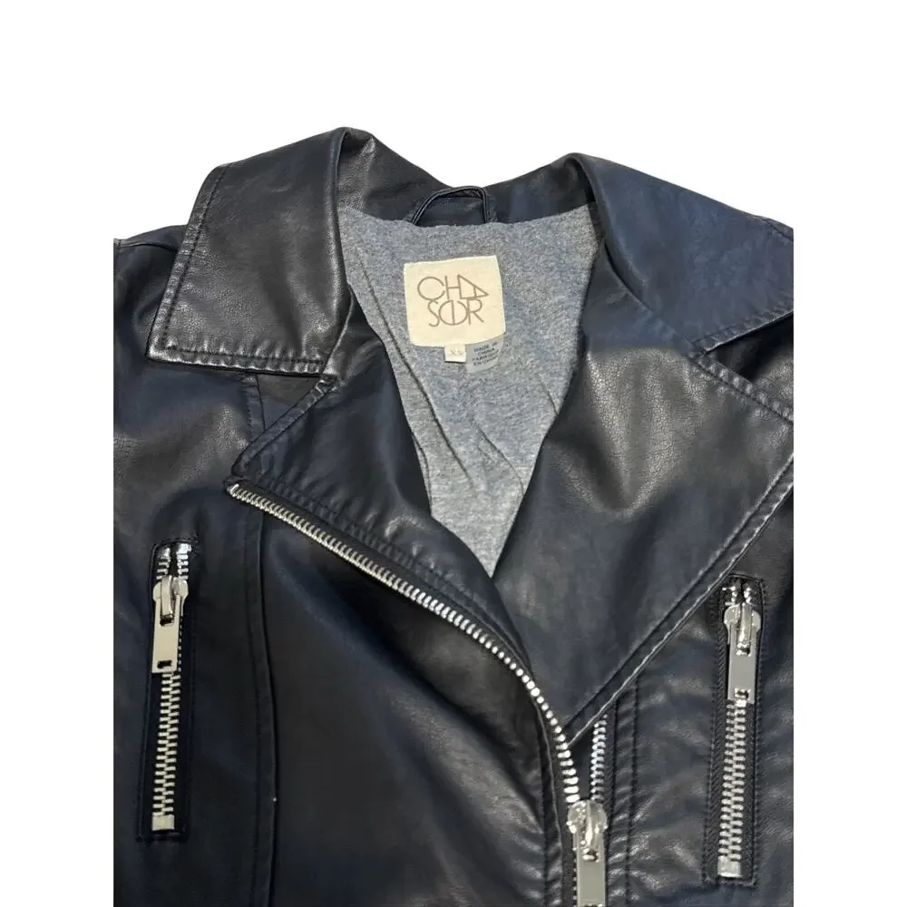 Chaser Black Faux Leather Puff Sleeve Moto Biker Jacket Womens XSmall - Picture 7 of 9